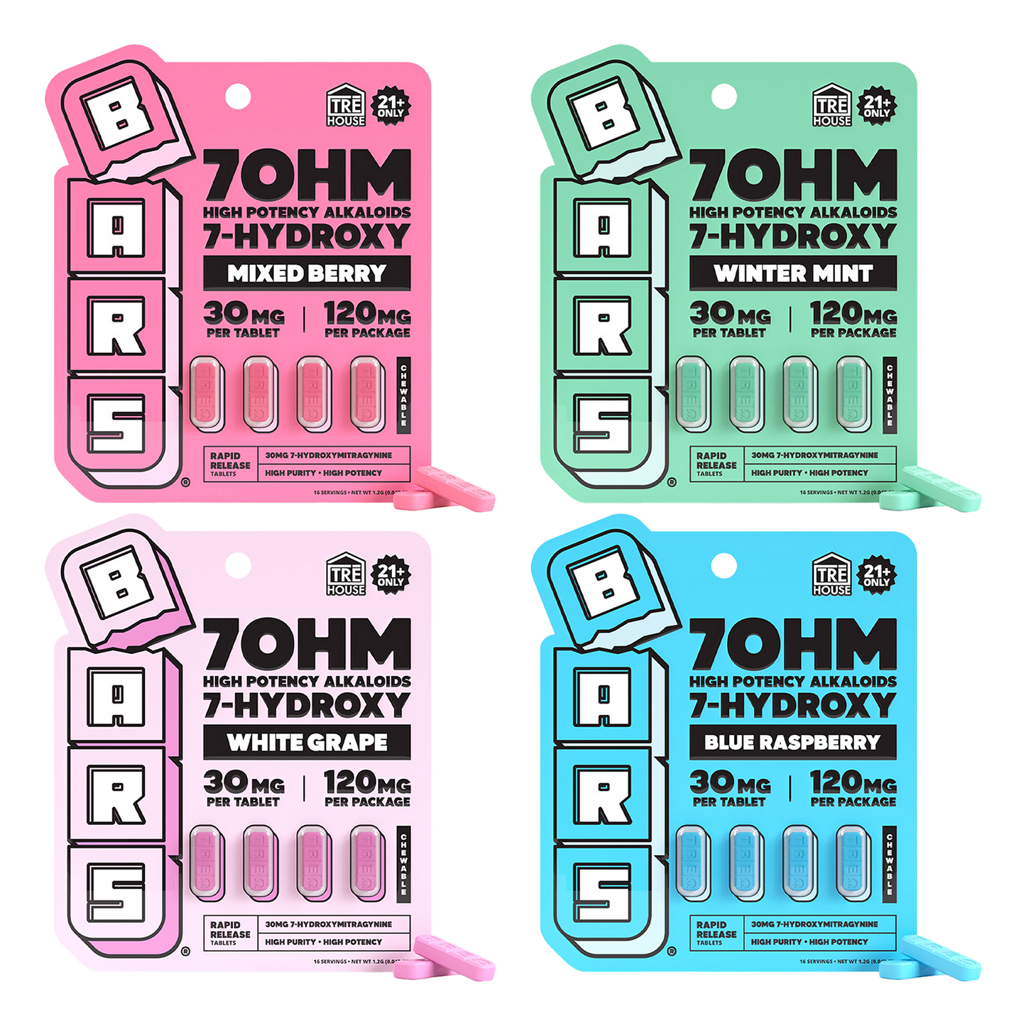 Tre House Bars 7OHM High Potency Alkaloids 7-Hydroxy 4 Count Tablets 30MG